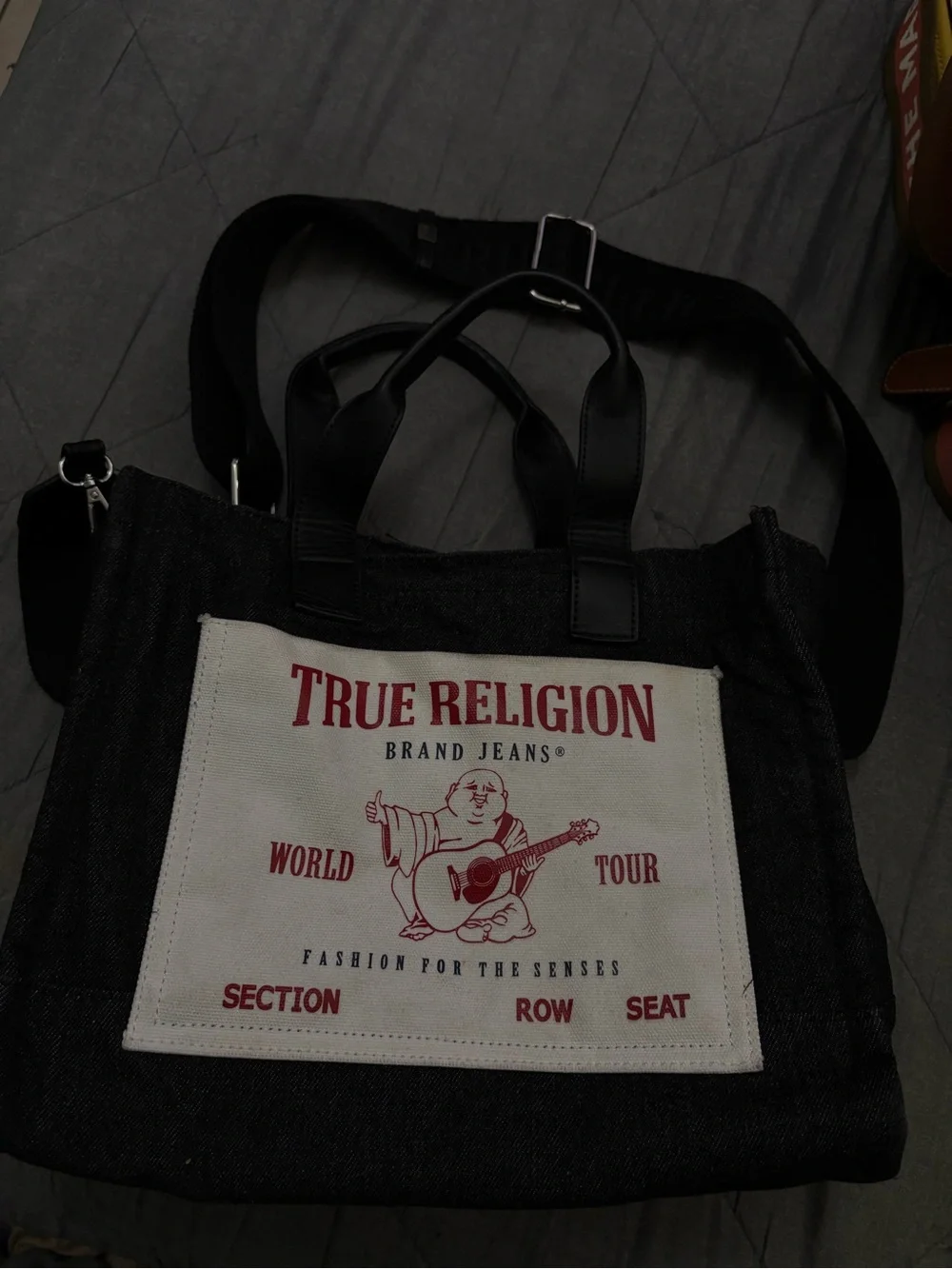 True Religion Black Canvas Messenger Tote with White Front Panel and Red Print